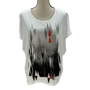 Bench Cap Sleeve Crew Neck Abstract Print T-Shirt - White - size Small